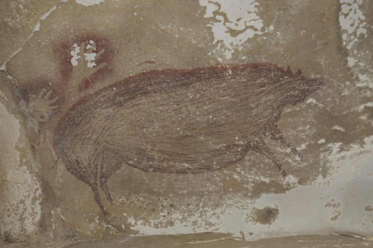 This undated handout photo shows a dated pig painting at Leang Tedongnge in Sulawesi, Indonesia. Archaeologists have discovered the world's oldest known cave painting: a life-sized picture of a wild pig that was made at least 45,500 years ago in Indonesia. 