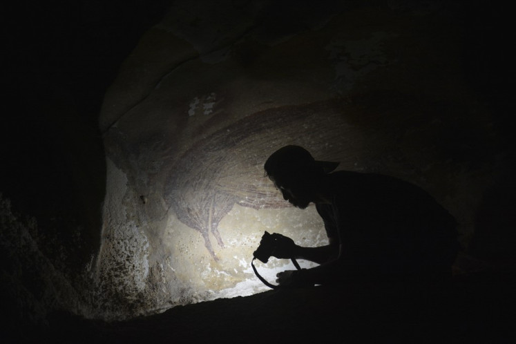 This undated handout photo shows a dated pig painting at Leang Tedongnge in Sulawesi, Indonesia. Archaeologists have discovered the world's oldest known cave painting: a life-sized picture of a wild pig that was made at least 45,500 years ago in Indonesia. 
