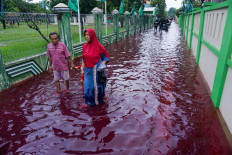 Residents wade through floodwaters dyed red from the waste of a batik factory in Pekalongan, Central Java, on Feb. 6, 2021.