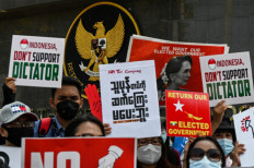 Protesters in Yangon, Myanmar, demonstrate against the military coup for a second day in front of the Indonesian Embassy on Feb. 24.