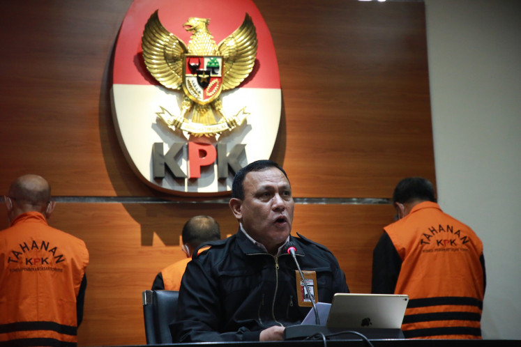 Corruption Eradication Commission (KPK) chairman Firli Bahuri announces South Sulawesi Governor Nurdin Abdullah a bribery suspect in a press conference early on Sunday, Feb. 28, 2021.
