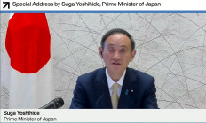 This video grab taken on January 29, 2021, from the website of the World Economic Forum shows Japan's Prime Minister Yoshihide Suga, addressing an all-virtual World Economic Forum, which usually takes place in Davos, Switzerland. 