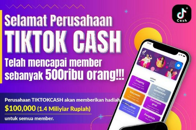 An advertisement put out by TikTok Cash, promoting a prize of Rp 1,4 billion and a membership totalling ver 500 thousand people