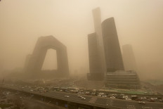 Buildings are seen in the central business district of Beijing during a sandstorm on March 15, 2021. 