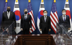 US Secretary of State Antony Blinken (2nd left), US Secretary of Defense Lloyd Austin (left), South Korean Foreign Minister Chung Eui-yong (2nd right) and South Korean Defence Minister Suh Wook (right) pose for photos before their Foreign and Defense Ministerial meeting at the Foreign Ministry in Seoul on March 18, 2021. 