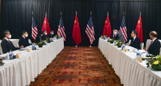US Secretary of State Antony Blinken (2nd right), joined by National Security Advisor Jake Sullivan (right), speaks while facing Yang Jiechi (2nd left), director of the Central Foreign Affairs Commission Office, and Wang Yi (left), China's Foreign Minister at the opening session of US-China talks at the Captain Cook Hotel in Anchorage, Alaska on March 18, 2021. China's actions 
