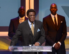 In this file photo taken on May 18, 2013 former NBA player Elgin Baylor speaks onstage at the 28th Anniversary Sports Spectacular Gala at the Hyatt Regency Century Plaza in Century City, California. Los Angeles Lakers legend Elgin Baylor, widely regarded as one of the greatest players never to win a championship after playing and losing in eight NBA Finals, died on March 22 the franchise announced. He was 86.
