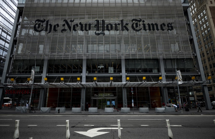 In this file photo taken on June 30, 2020 The New York Times building is seen in New York City. 