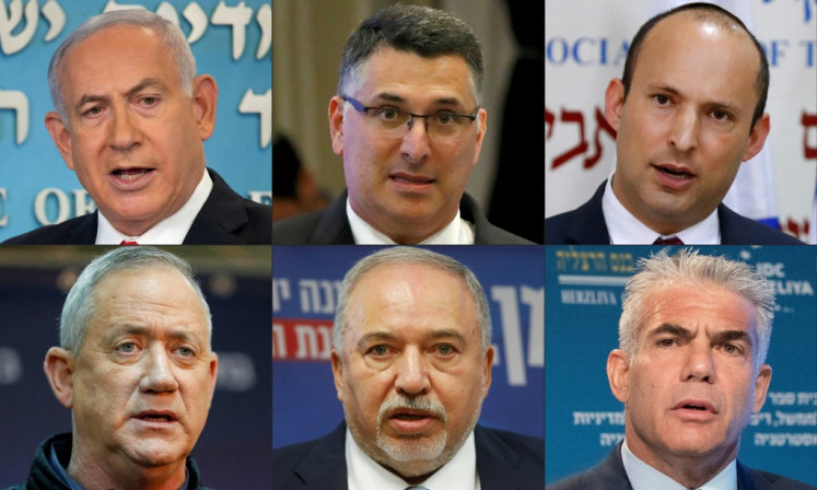 This combination of file pictures created on December 23, 2020 shows (top left to right) Israeli Prime Minister Benjamin Netanyahu at his office in Jerusalem, on September 13, 2020, Likud Party member and former Interior Minister Gideon Saar at an election campaign meeting in Ramat Gan near Tel Aviv, on March 4, 2019, Minister of Education Naftali Bennett during a press conference in Tel Aviv on December 29, 2018, (bottom left to right) Leader of Blue and White electoral alliance Benny Gantz at a press conference in the southern town of Sderot on February 24, 2020, former defence minister Avigdor Lieberman addressing members of his party Yisrael Beitenu at the Knesset in Jerusalem on October 28, 2019, and chairman of 