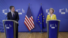 US Secretary of State Antony Blinken (L) and President of the European Commission Ursula von der Leyen give a press conference ahead of their meeting in Brussels, on March 24, 2021.
