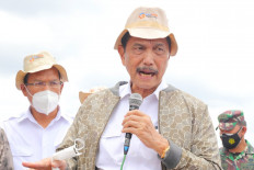 Coordinating Maritime Affairs and Investment Minister Luhut Binsar Pandjaitan gives a speech during the first harvest of a food estate in Humbang Hasundutan (Humbahas) regency, North Sumatra, on March 23.