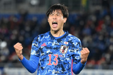 Japan's defender Miki Yamane celebrates his goal during a friendly football match against South Korea at Nissan Stadium in Yokohama, Kanagawa prefecture on March 25, 2021.
