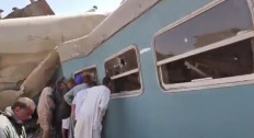 A screen grab of a video showing the condition of passenger trains colliding in southern Egypt on March 26, 2021.