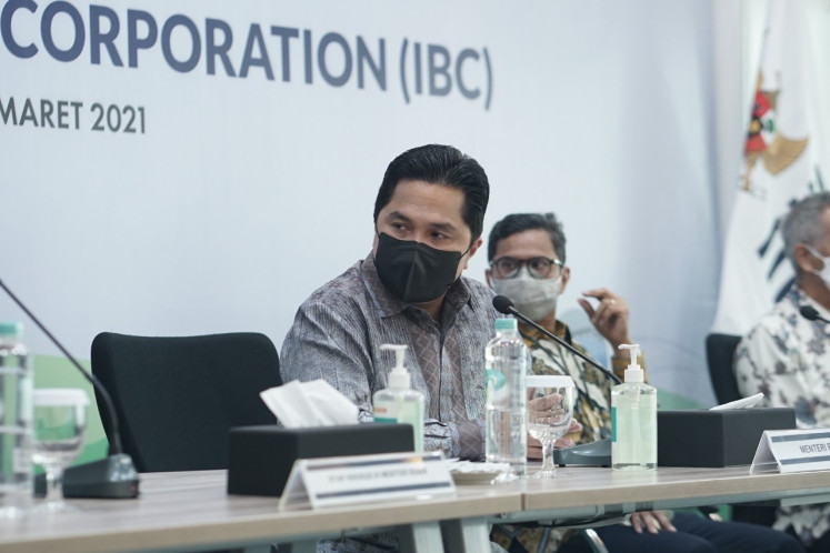 SOEs Minister Erick Thohir (foreground) and SOEs Deputy Minister Pahala N. Mansury (background) officially launch the Indonesia Battery Corporation (IBC) from Jakarta on Friday, March 26, 2021.