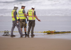 Operators talk as they lay an undersea fiber optic cable at Arrietara beach near the Spanish Basque village of Sopelana on June 13, 2017. Facebook and Microsoft have paired up to run a giant underwater cable dubbed Marea (tide) that will stretch from Virginia in the US to Bilbao, Spain, crossing some 6,600 kilometers of ocean.
