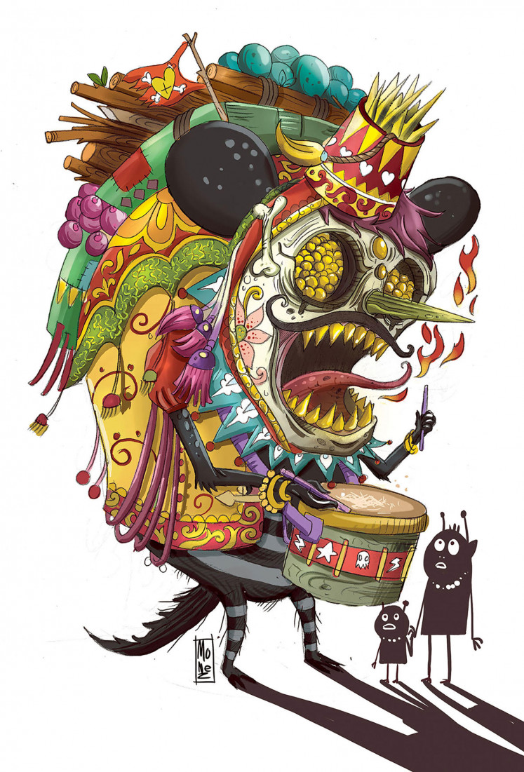 ‘Circus Clown’ by Balinese NFT artist Monez is a JPEG file illustration. The circus monster taps his drum around the villages to announce the beginning of the death
parade.