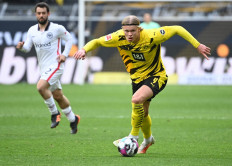 Dortmund's Norwegian forward Erling Braut Haaland plays the ball during the German first division Bundesliga football match between Borussia Dortmund and Eintracht Frankfurt in Dortmund, western Germany, on April 3, 2021.