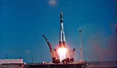 In this file photo taken on April 12, 1961 The Vostok-1 spaceship blasts off on top of Rocket R-7 from the Baikonur space center with Soviet cosmonaut Yuri Gagarin on board for the first manned trip into space. Sixty years ago Monday Soviet cosmonaut Yuri Gagarin became the first person in space, securing victory for Moscow in its race with Washington and marking a new chapter in the history of space exploration.