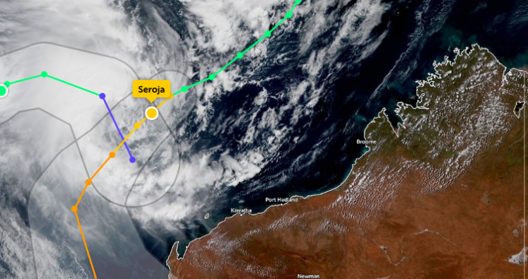 A screen grab from the website zoom.earth showing the path of tropical cyclone Seroja.