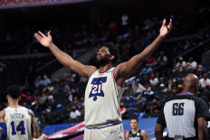 Joel Embiid #21 of the Philadelphia 76ers reacts during a game against the Brooklyn Nets on April 14, 2021 at Wells Fargo Center in Philadelphia, Pennsylvania.