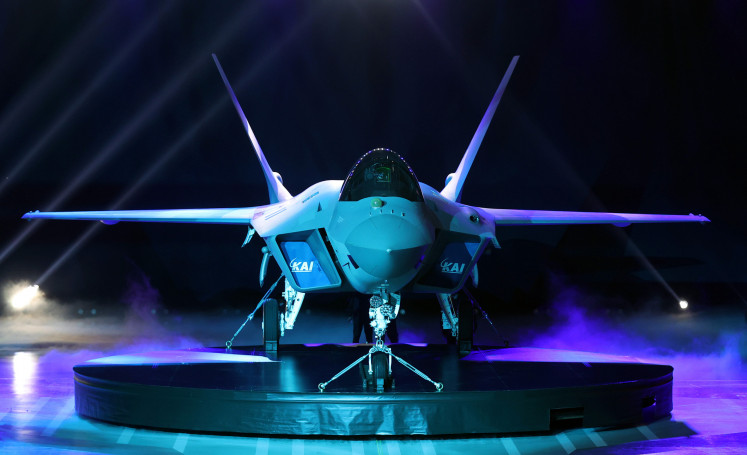 South Korea's first homegrown fighter jet KF-21 is unveiled during its rollout ceremony in Sacheon, South Korea, on April 9, 2021.