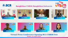 The 2021 BCA UMKM Fest opens on Thursday with a virtual press conference attended by (left to right, top to bottom) Financial Services Authority (OJK) Board of Commissioners Head Wimboh Santoso; Bank Indonesia Governor Perry Warjiyo; Coordinating Maritime Affairs and Investment Minister Luhut Binsar Pandjaitan; House of Representatives Commission XI member Indah Kurnia; BCA Executive Vice President (EVP) Commercial and SME Business BCA Freddy Iman, who is also BCA UMKM Fest organizing committee chairman; BCA Director Santoso, BCA President Director Jahja Setiaatmadja; and EVP Secretariat and Corporate Communications BCA Hera F. Haryn, who also serves as the event's moderator.