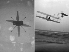 This combination of pictures created on April 19, 2021 shows shows NASA’s Ingenuity Mars Helicopter captured in this shot as it hovered over the Martian surface on April 19, 2021, during the first instance of powered, controlled flight on another planet, and this circa 1901 image courtesy of the Library of Congress of a three-quarter left rear view of a glider in flight at Kitty Hawk, North Carolina.