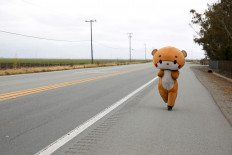 Impulsive decision: Jesse Larios, 33, from Los Angeles, wears a bear suit while walking along Hollister Road in Gilroy, California, U.S., April 21, 2021. 