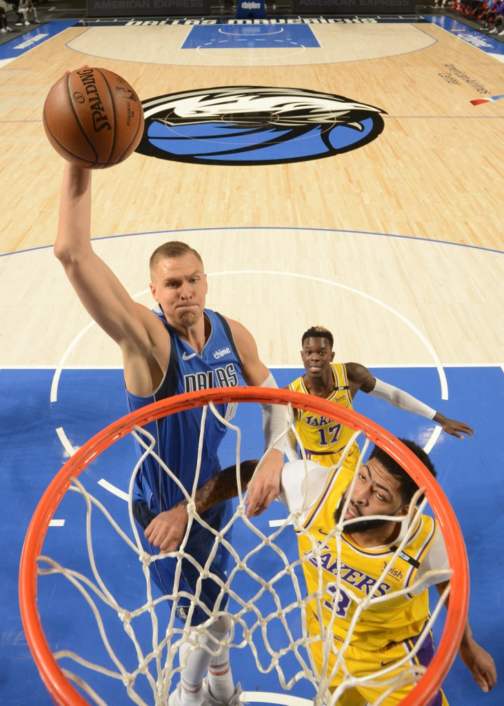 Kristaps Porzingis #6 of the Dallas Mavericks dunks the ball against the Los Angeles Lakers on April 22, 2021 at the American Airlines Center in Dallas, Texas.
