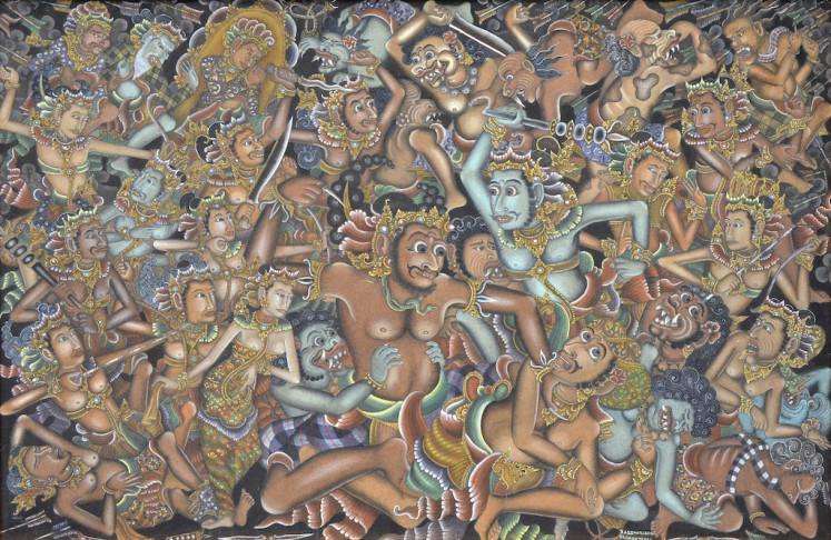 Lot 710. 'The Battle of Kurusetra' - Anak Agung Gde Meregeg. Acrylic on canvas,  66 x 100 cm.