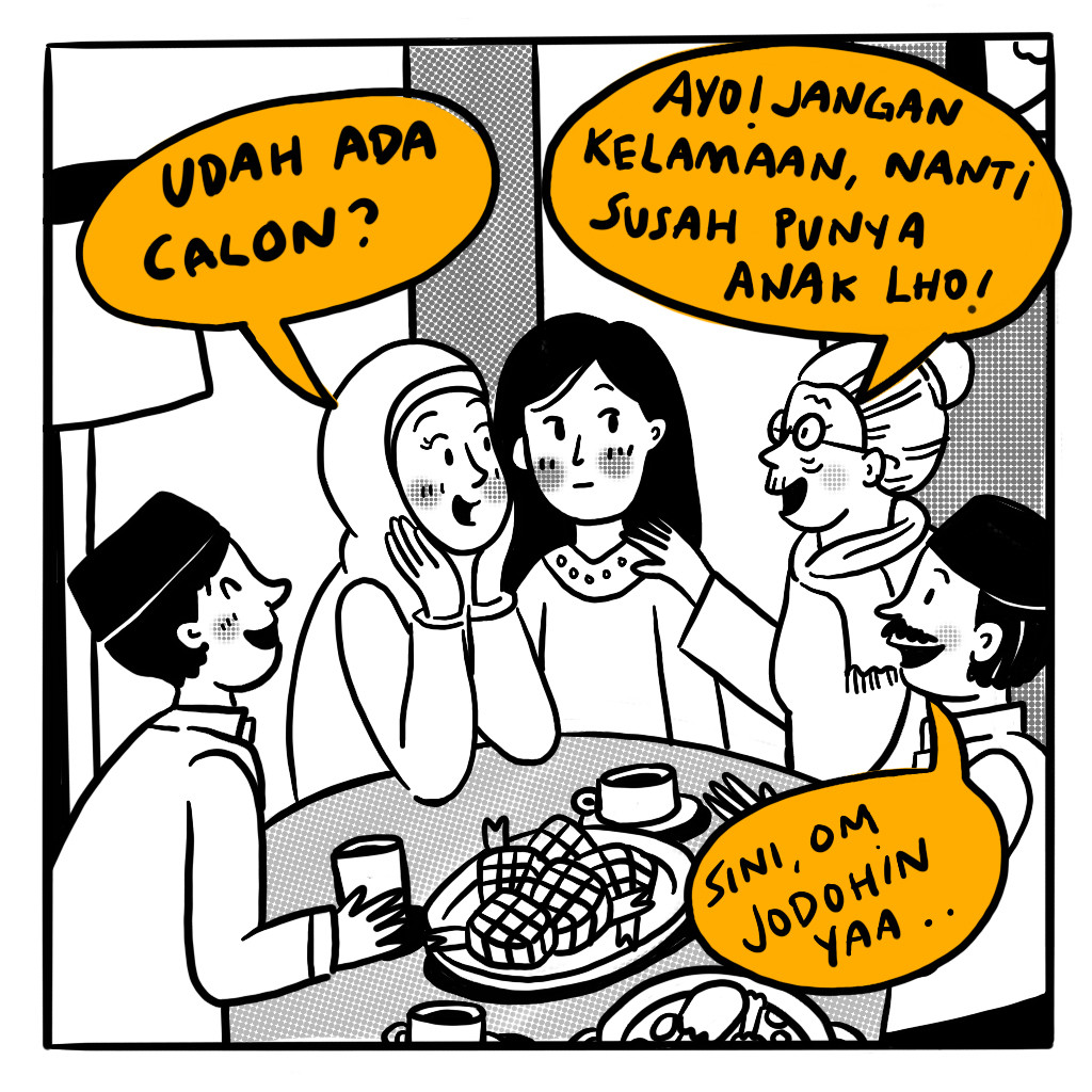 A panel from the comic strip showcasing a woman being asked questions about her relationship status during a family gathering - a relatable issue for most Indonesian women.