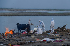 Relatives in personal protective equipment (PPE) suits perform the last rites before the cremation of their loved one, who died due to the Covid-19 coronavirus, on the banks of the Ganges River in Garhmukteshwar on May 5, 2021. 