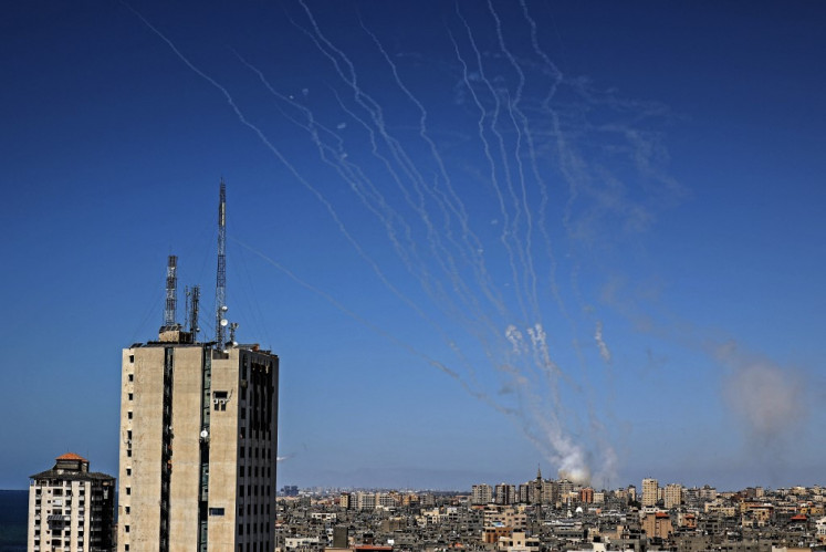 Rockets are launched towards Israel from Gaza city controlled by the Palestinian Hamas movement, amid a flare-up of Israeli-Palestinian violence, on May 15, 2021. 