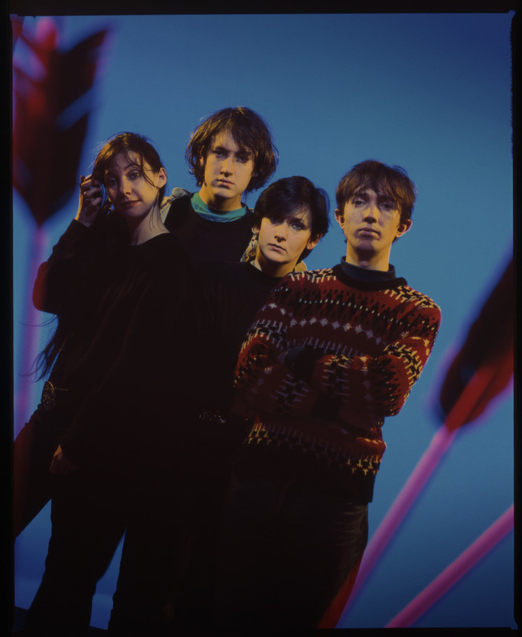 My Bloody Valentine band members pose in a promotional photograph (from left): Bilinda Butcher (vocals, guitar), Kevin Shields (vocals, guitar), Debbie Googe (bass), Colm Ó Cíosóig (drums).