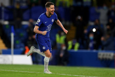 Chelsea's Italian midfielder Jorginho celebrates scoring his team's second goal during the English Premier League football match between Chelsea and Leicester City at Stamford Bridge in London on May 18, 2021.
