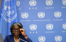 US ambassador to the United Nations, Linda Thomas-Greenfield, and President of the Security Council speaks during a press conference for the Security Council programme of work in March at the UN Headquarters in New York on March 1, 2021.
