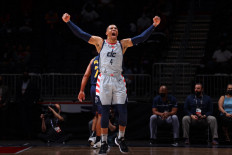 Russell Westbrook #4 of the Washington Wizards celebrates against the Indiana Pacers during the 2021 NBA Play-In Tournament on May 20, 2021 at Capital One Arena in Washington, DC. 
