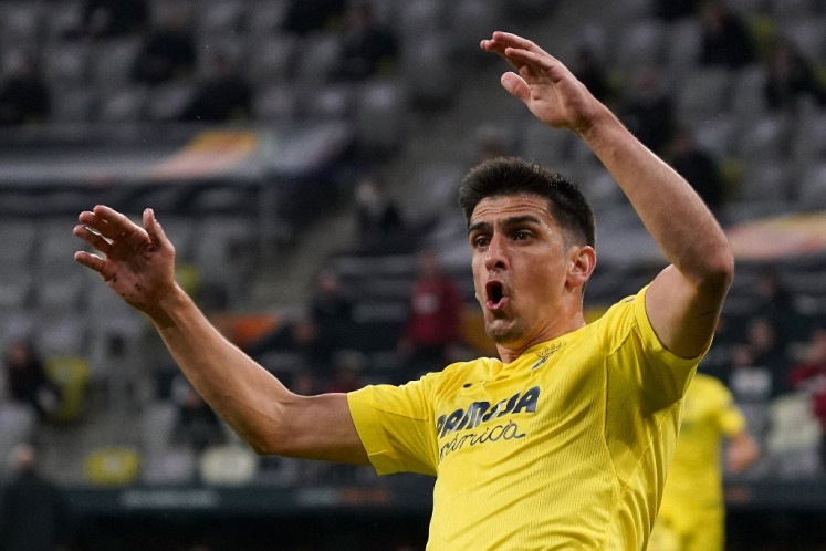 Villarreal's Spanish forward Gerard Moreno celebrates his goal during the UEFA Europa League final football match between Villarreal CF and Manchester United at the Gdansk Stadium in Gdansk on May 26, 2021.