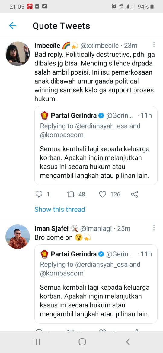 A screengrab of a since-deleted post on the Gerindra Party's Twitter account stating that it was possible that the rape suspect and victim would marry.
