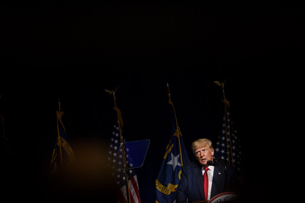 Former US President Donald Trump addresses the NCGOP state convention on June 5, 2021 in Greenville, North Carolina. The event is one of former US President Donald Trumps first high-profile public appearances since leaving the White House in January. 