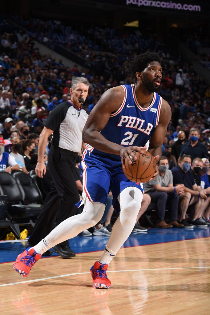  Joel Embiid #21 of the Philadelphia 76ers handles the ball against the Atlanta Hawks during Round 2, Game 2 of the Eastern Conference Playoffs on June 8, 2021 at Wells Fargo Center in Philadelphia, Pennsylvania.