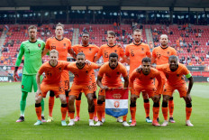 Dutch players pose for photographers prior to the friendly football match between Netherlands and Georgia at De Grolsch Veste Stadium in Enschede on June 6, 2021, ahead of the Euro2020/2021 tournament.
