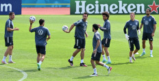 (Left to right) Germany's defender Christian Guenter, Germany's forward Kevin Volland, Germany's defender Mats Hummels, Germany's midfielder Ilkay Gundogan, Germany's midfielder Leroy Sane, Germany's goalkeeper Bernd Leno and Germany's defender Emre Can attend a training session at the World of Sports Campus in Herzogenaurach on June 12, 2021 during the UEFA EURO 2020 football competition.
