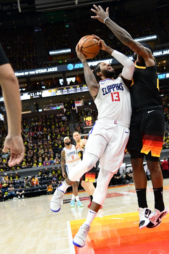 Paul George #13 of the LA Clippers drives to the basket during the game against the Utah Jazz during Round 2, Game 5 of the 2021 NBA Playoffs on June 16, 2021 at vivint.SmartHome Arena in Salt Lake City, Utah. 