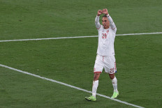 Denmark's forward Yussuf Poulsen celebrates after scoring his team's second goal during the UEFA EURO 2020 Group B football match between Russia and Denmark at Parken Stadium in Copenhagen on June 21, 2021.
