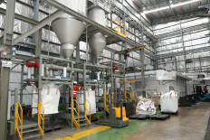 Inside view of a recycling facility for PET bottles at the Pasuruan Industrial Estate Rembang (PIER) in Rembang district of Pasuruan regency, East Java.