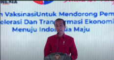 President Joko "Jokowi" Widodo delivers the opening speech for the Kadin general assembly on June 30, 2021 in Kendari, Southeast Sulawesi. His speech included comments about the current COVID-19 surge, which was caused by increased mobility over the Idul Fitri holiday and the emergence of more transmissible Delta variant. 