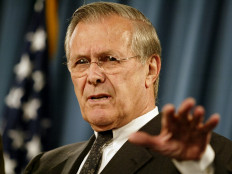 In this file photo taken on May 04, 2004 US Secretary of Defense Donald Rumsfeld addresses a press conference at the Pentagon. Former US defense secretary Donald Rumsfeld,