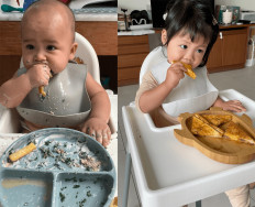 Learning by eating: A montage shows Cosmo (left), 7 months, and Eileen (right), 18 months, eating on their own. Angela Valerie introduced baby-led weaning (BLW) to her second-born Cosmo when he was 6 months old, while Ella Setiamiharja introduced the self-feeding method to daughter Eileen (right) when she was 4.5 months old.