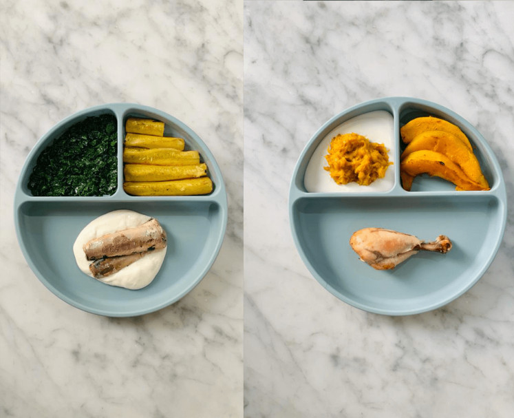 Balanced meals: A montage shows the meals Angela Valerie prepared for her second child Cosmo in applying the baby-led weaning (BLW) method. On the left is a plate of (clockwise from top left) sautéed spinach, yellow squash and sardines on Greek yogurt for when Cosmo was 7 months old, while the plate on the right is pumpkin puree on Greek yogurt, pumpkin spears and chicken drumstick, for when he was 8 months old.